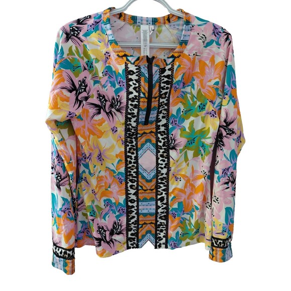 Nanette Lepore Tops - Nanette Lepore Colorful Floral 1/4 Zip Stretch Activewear Pullover Top Size L
